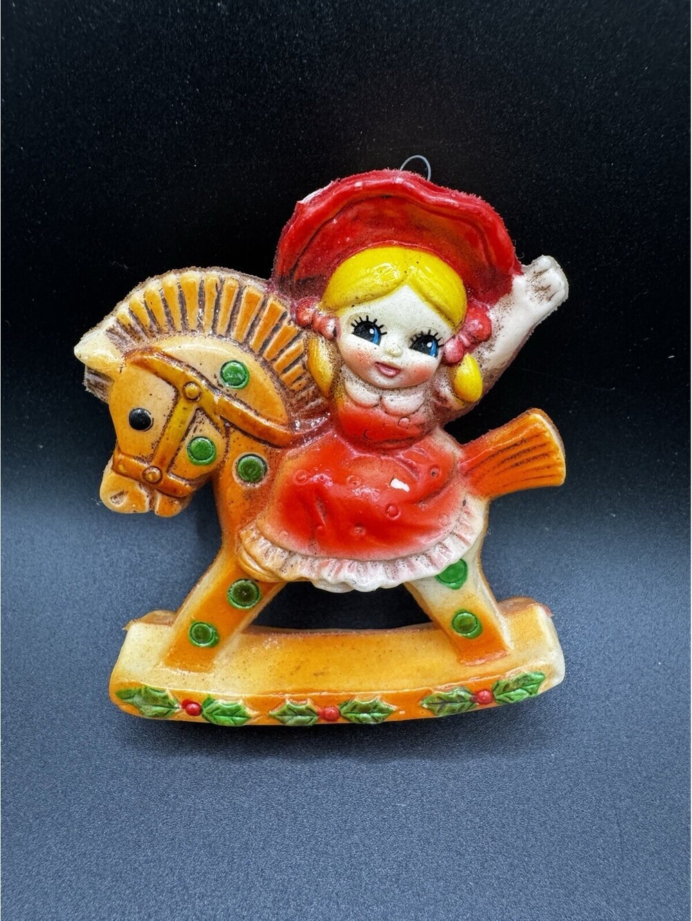 Vintage Made In Japan Girl On Rocking Horse Christmas Ornament